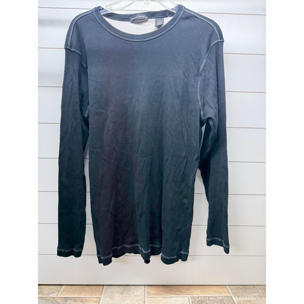 Michael Brandon Mens Black Ribbed Thermal Long Sleeve Shirt Contrast Stitch L